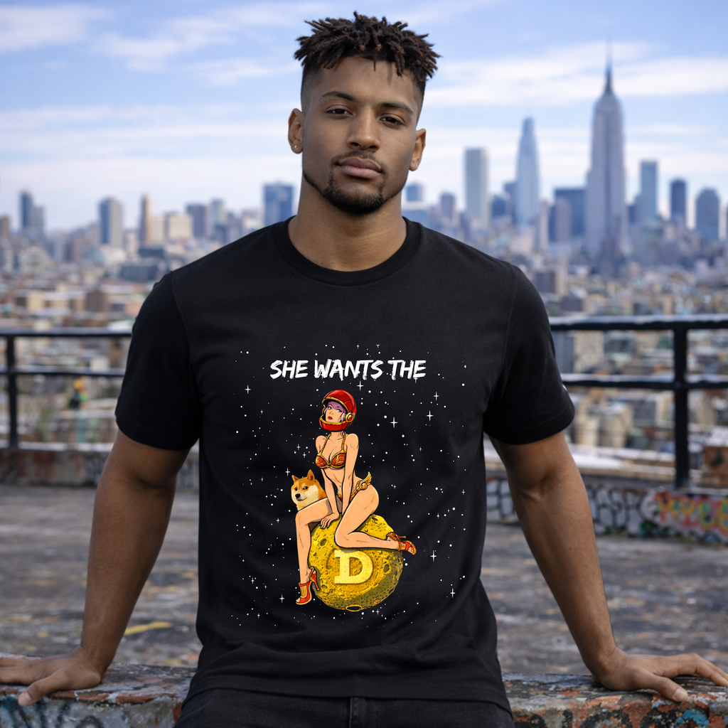 She Wants The D Dogecoin t-shirt with retro pin-up space illustration