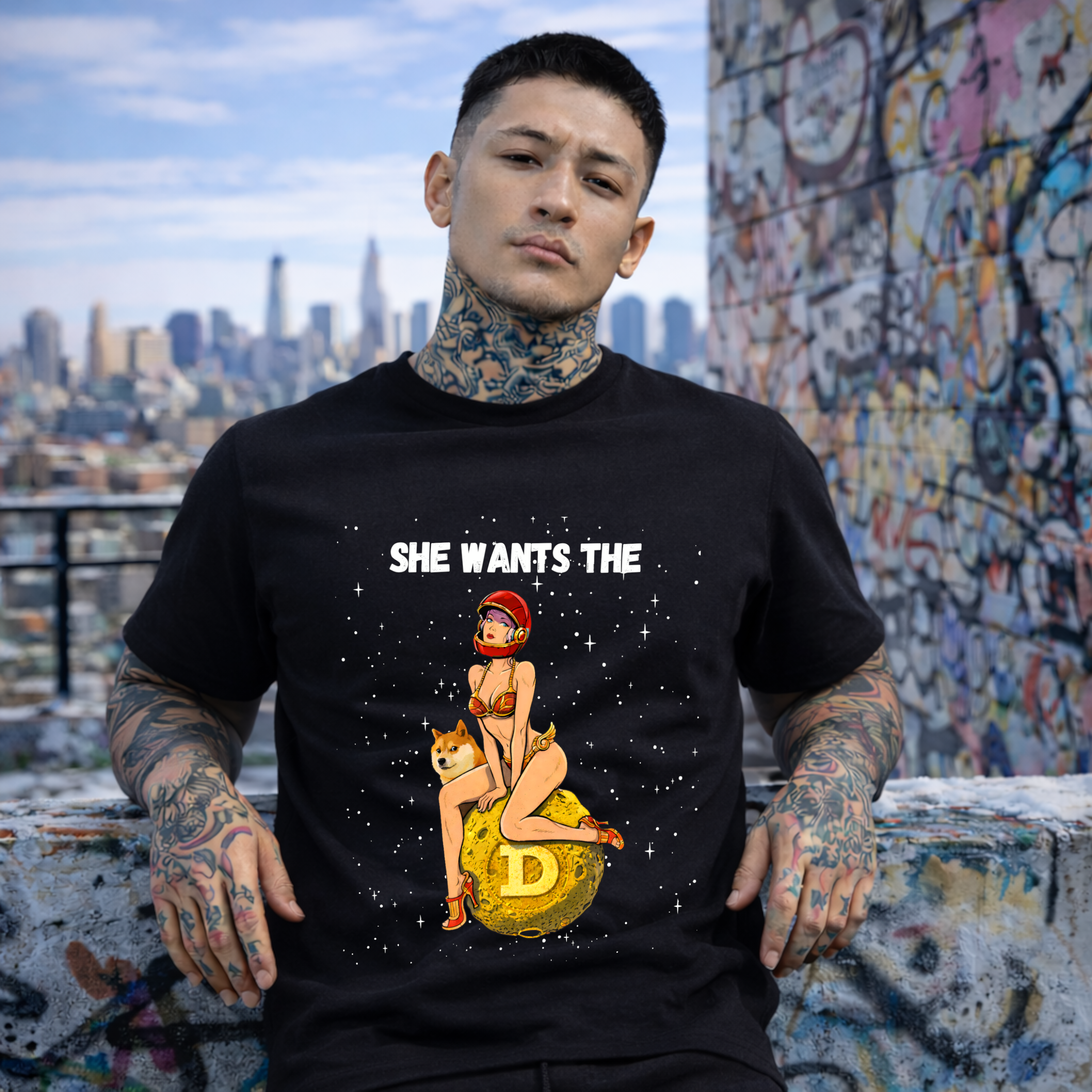 Dogecoin moon t-shirt featuring Doge and space pin-up artwork