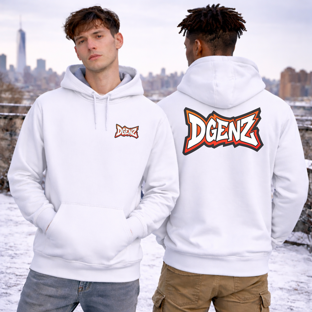 Dgenz Core Hoodie front and back view worn by models on urban rooftop