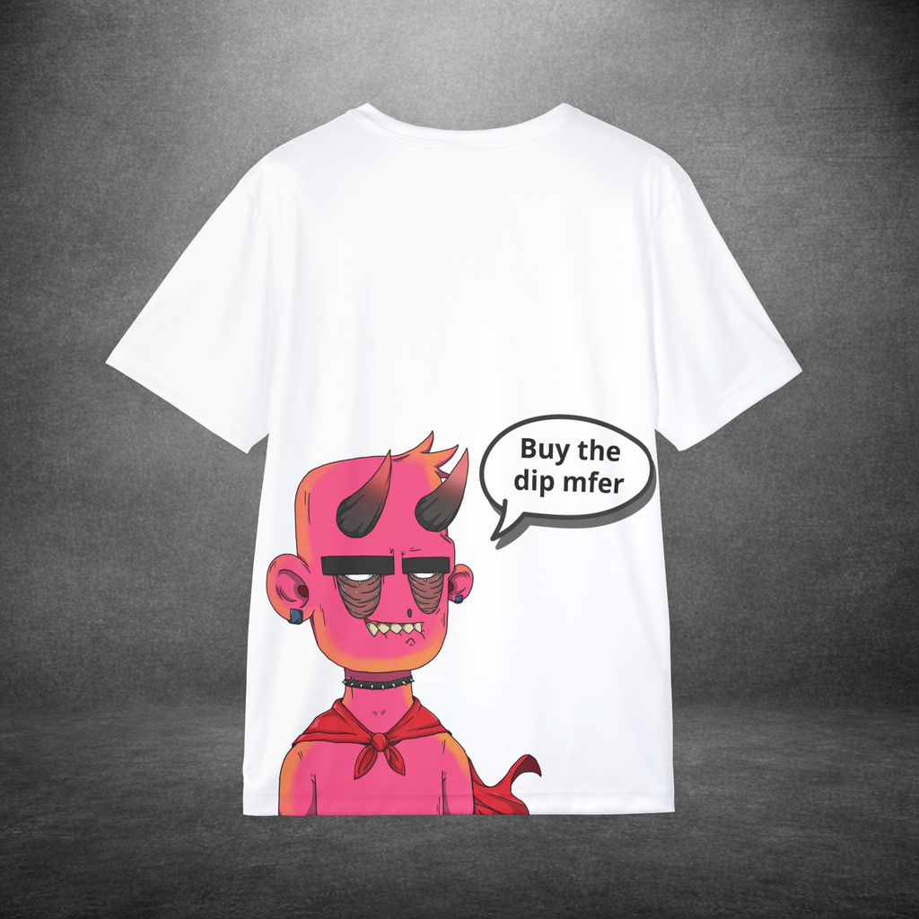 Close-up of printed Dgenz NFT artwork and text on personalized crypto t-shirt