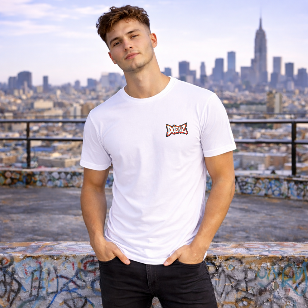 Male model wearing white Dgenz NFT t-shirt featuring small Dgenz logo on chest