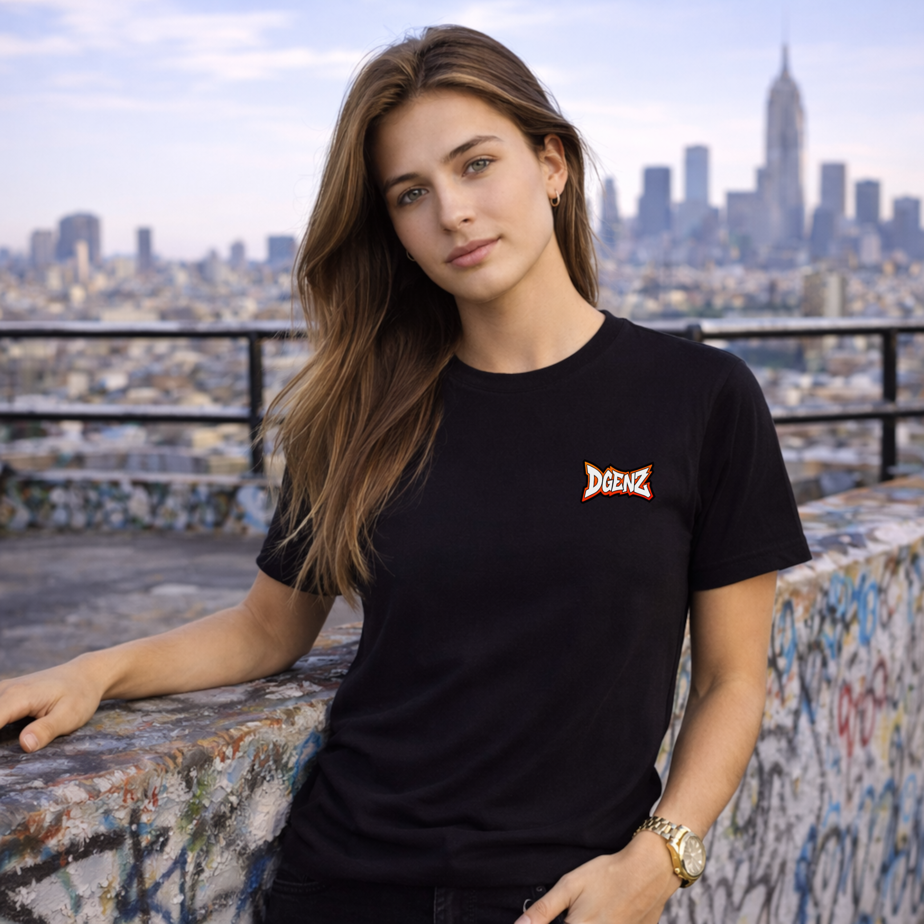 Female model wearing black Dgenz crypto t-shirt with minimalist logo design