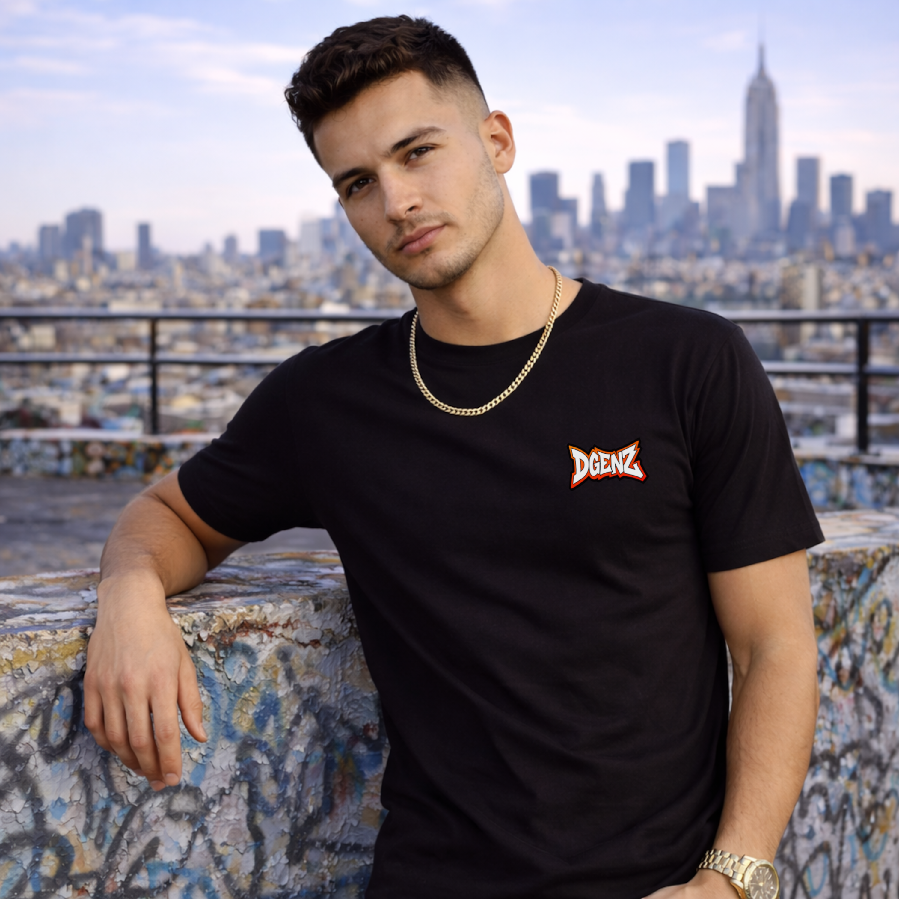 Male model wearing black Dgenz crypto streetwear t-shirt with minimal chest logo in city setting