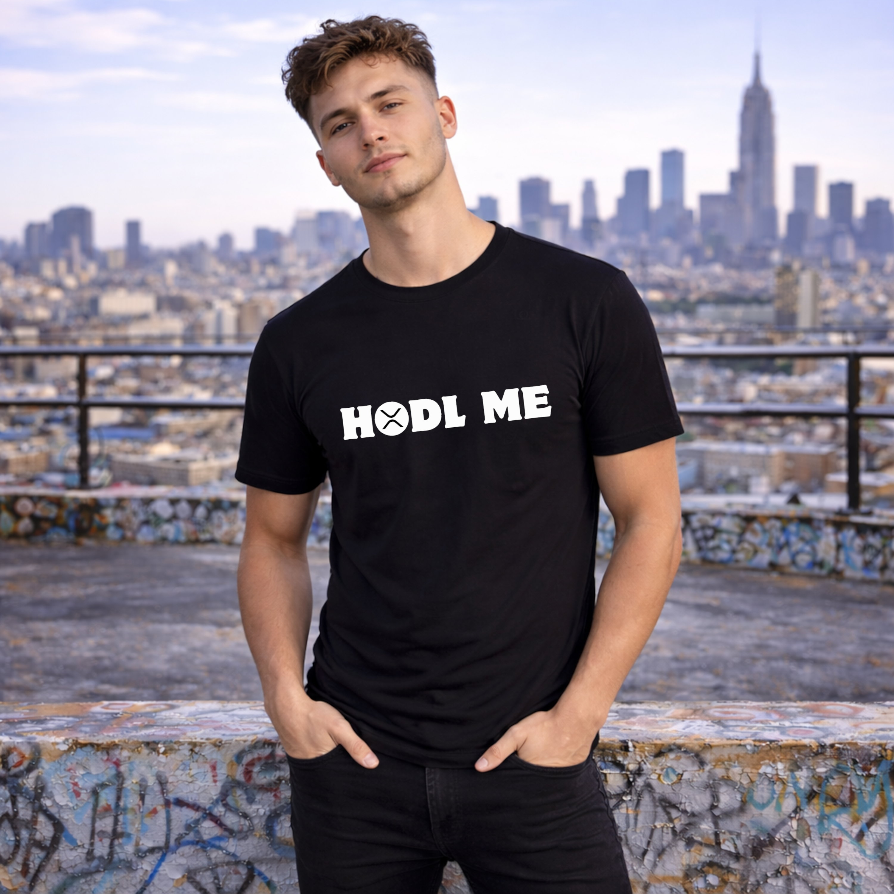 Male model wearing black HODL ME XRP Ripple crypto t-shirt in city setting