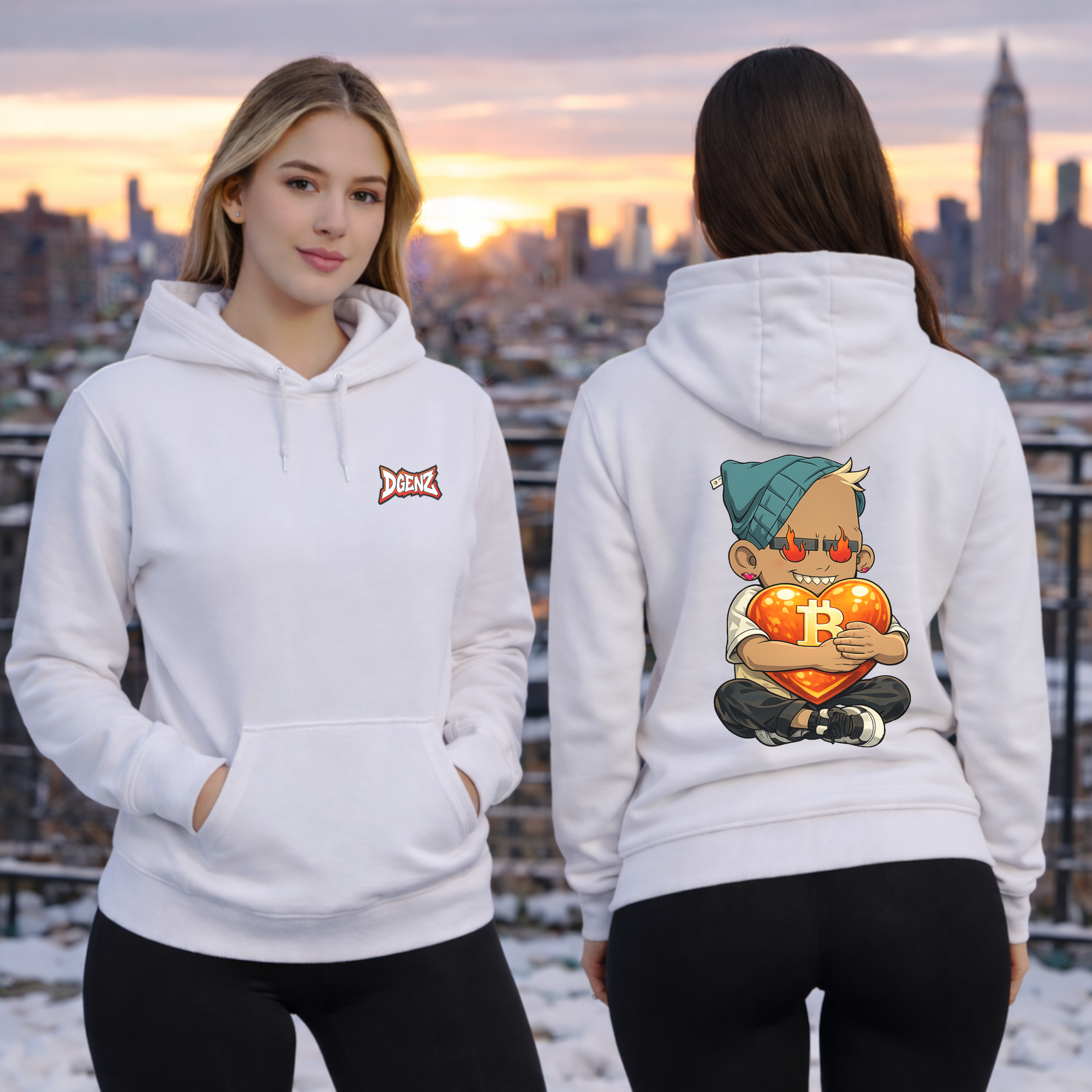 female models wearing white Dgenz Love Bitcoin hoodie