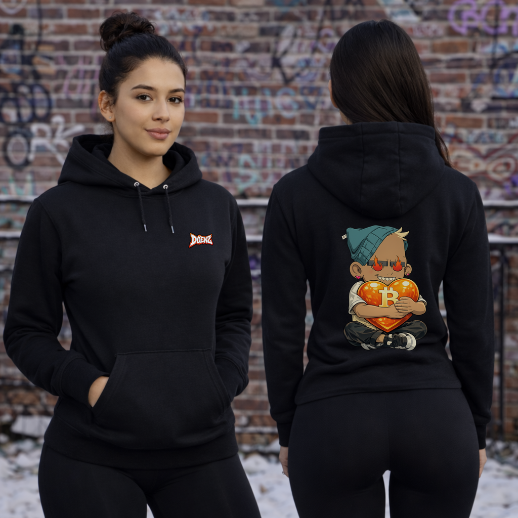 lifestyle photoshoot of bitcoin themed hoodie on female models