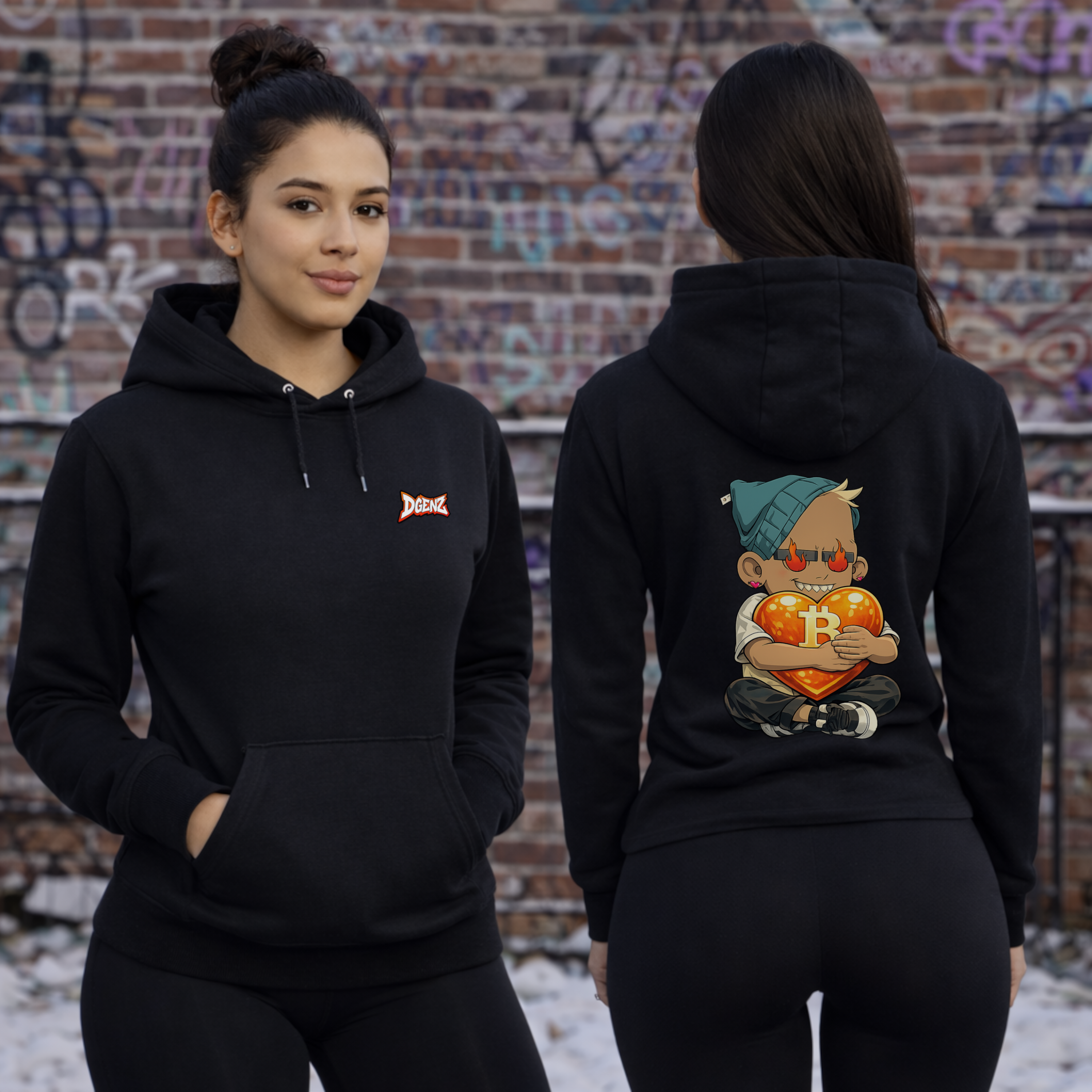 lifestyle photoshoot of bitcoin themed hoodie on female models