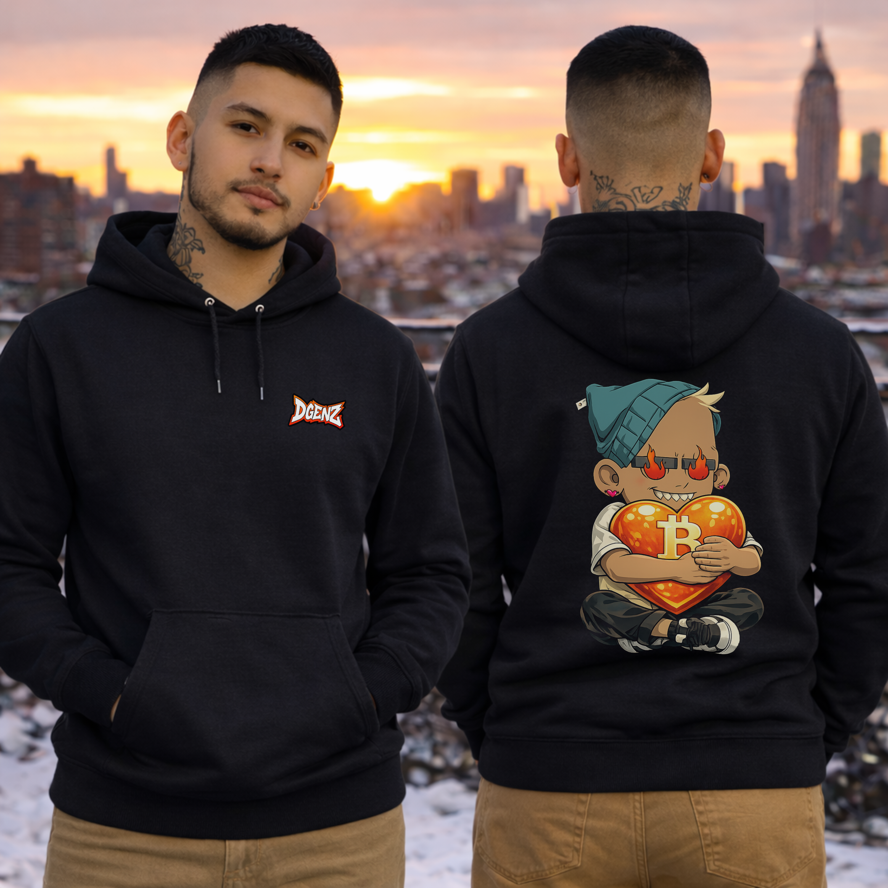 Models wearing black Love Bitcoin hoodie NYC rooftop