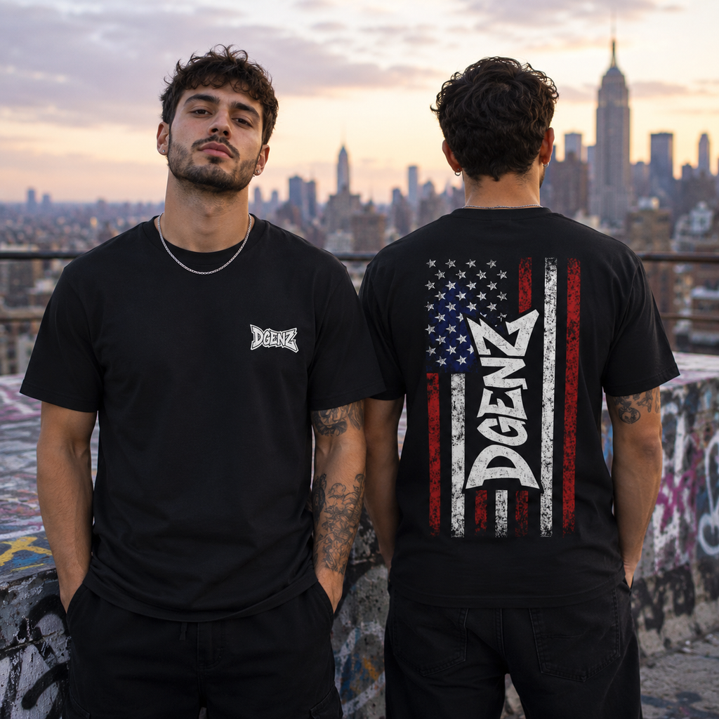Male model wearing DGENZ USA Flag crypto t-shirt with distressed American flag back graphic on NYC rooftop