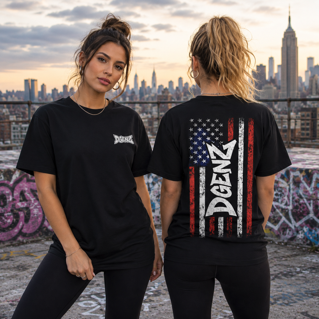 Female models wearing DGENZ USA Flag crypto streetwear t-shirt featuring American flag back print