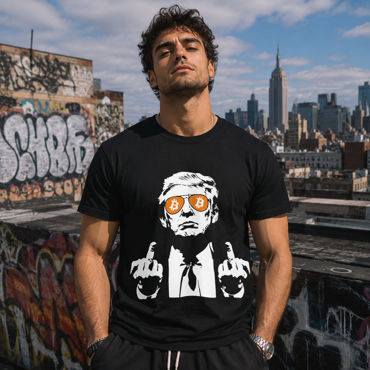 Male model wearing black Donald Trump Bitcoin T-Shirt on urban NYC rooftop