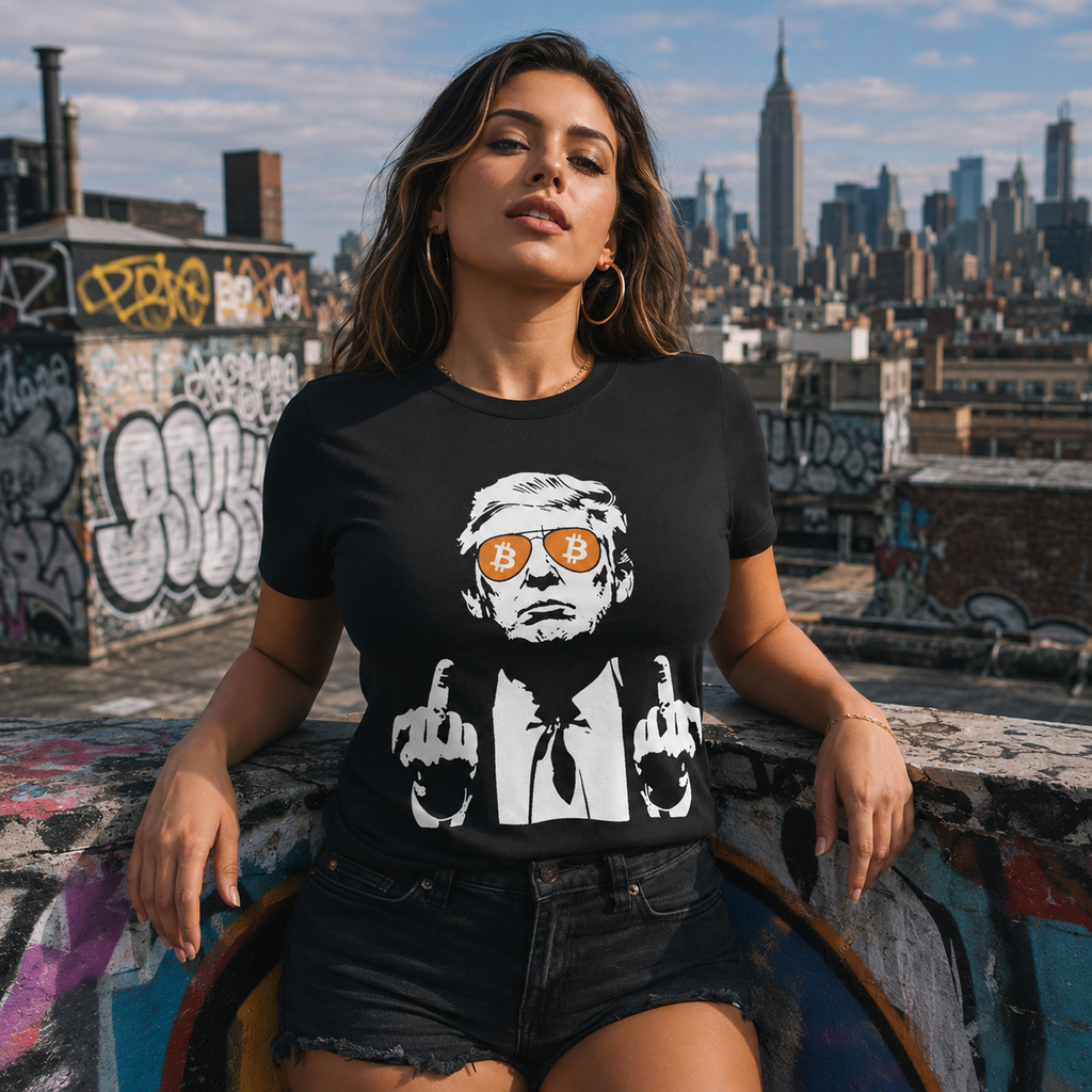 Female model wearing black Bitcoin Trump crypto streetwear tee with BTC sunglasses graphic