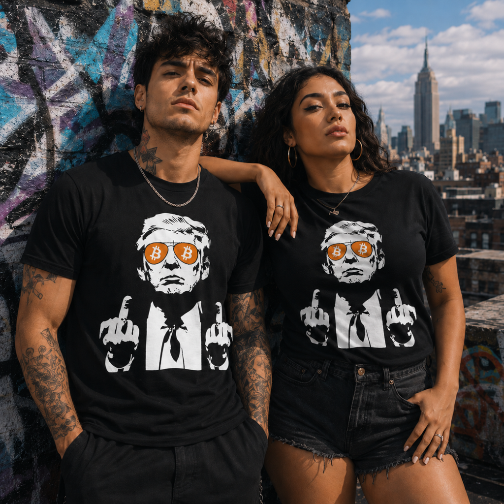 Male and female models wearing Bitcoin Trump T-Shirt on NYC graffiti rooftop