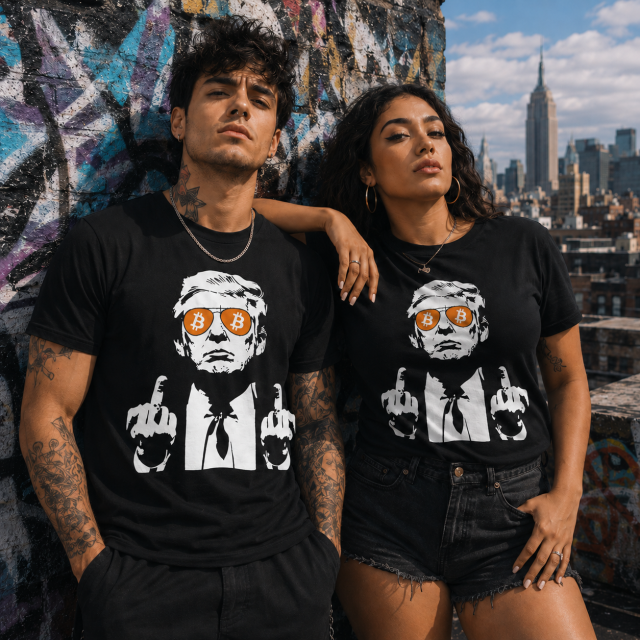 Male and female models wearing Bitcoin Trump T-Shirt on NYC graffiti rooftop