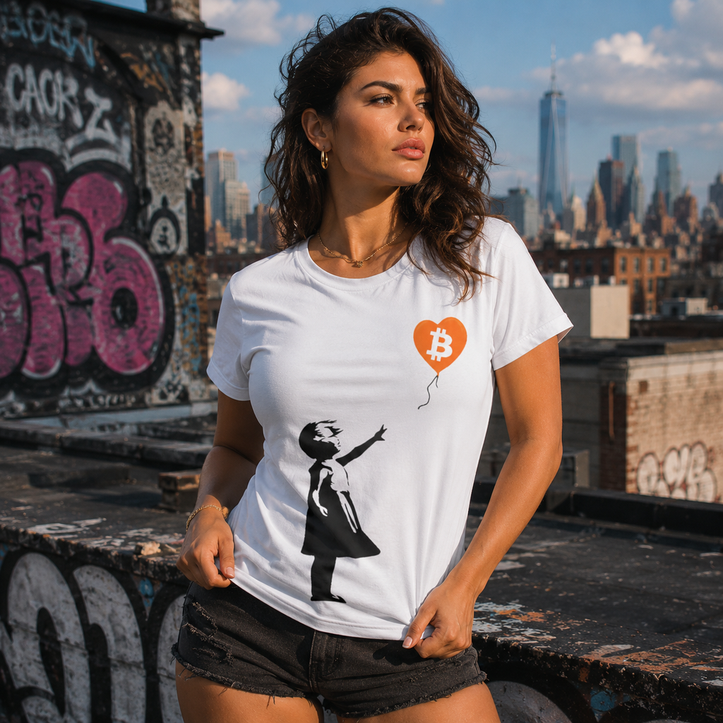 Female model wearing white Bitcoin Banksy Girl With Balloon crypto tee on rooftop