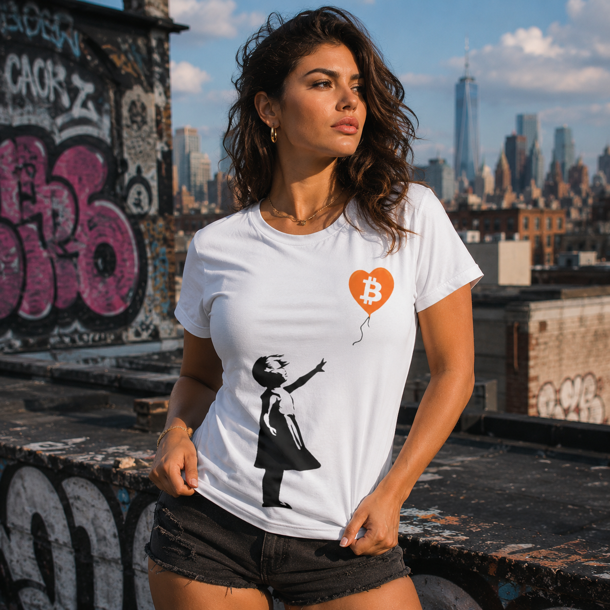 Female model wearing white Bitcoin Banksy Girl With Balloon crypto tee on rooftop