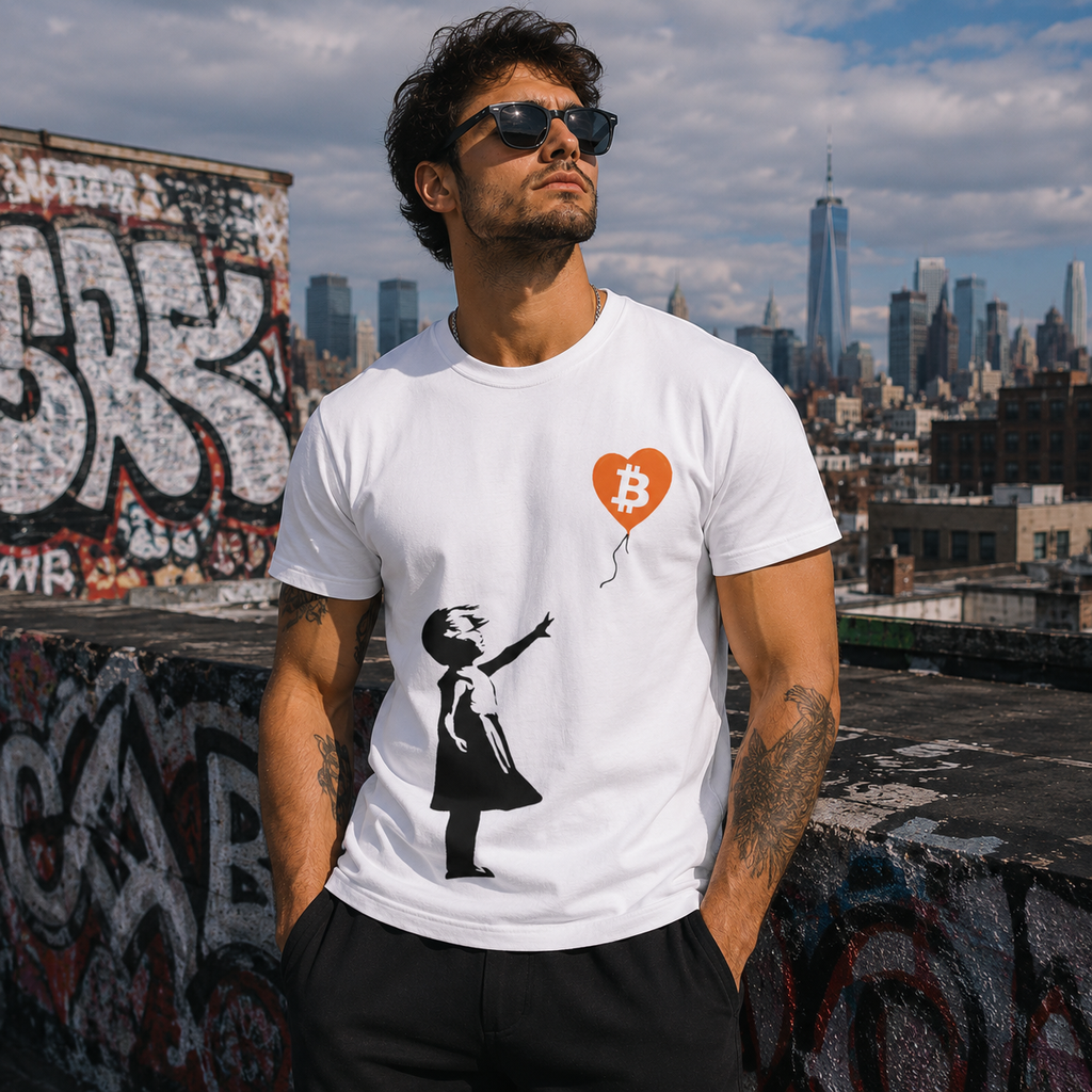Male model wearing white Bitcoin Banksy T-Shirt on NYC graffiti rooftop