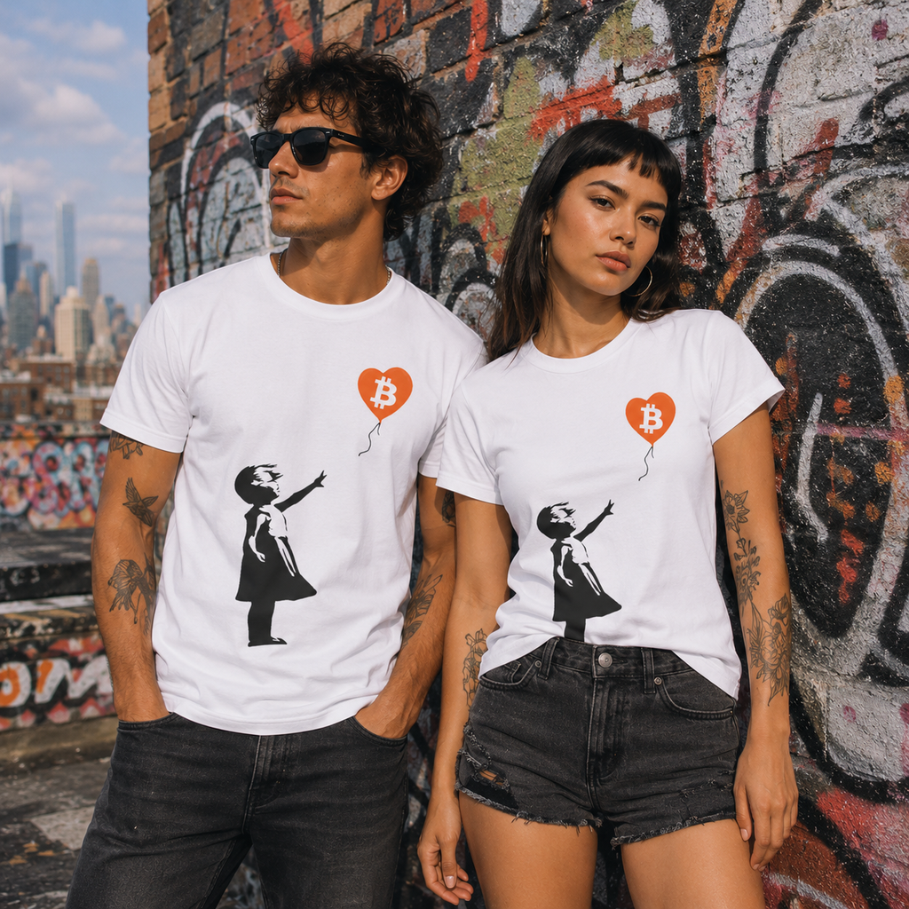 Male and female models wearing Bitcoin Banksy crypto streetwear tees by graffiti wall