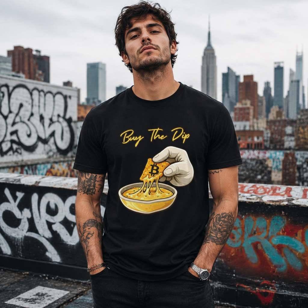 Male model wearing black Buy The Dip Bitcoin T-Shirt on NYC graffiti rooftop