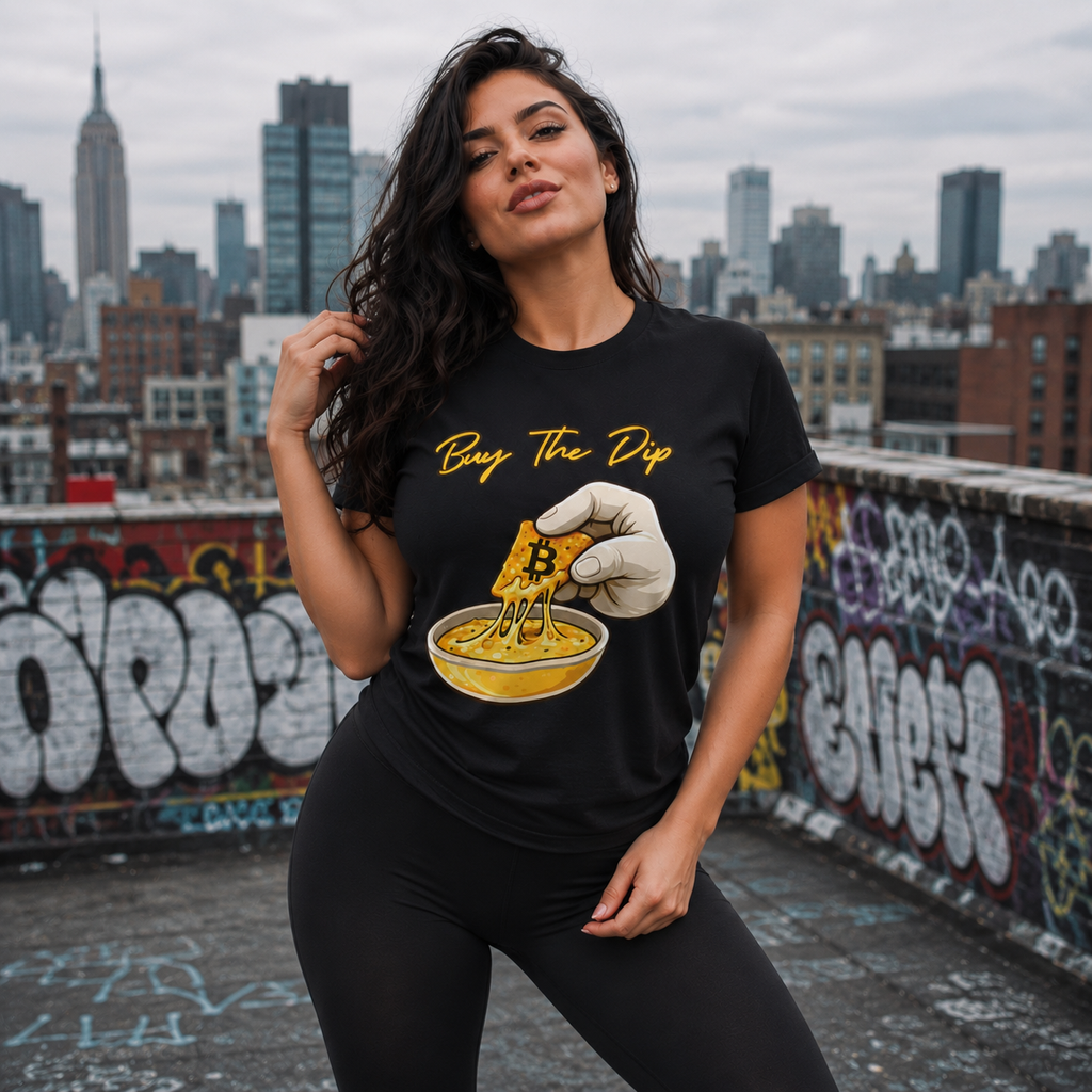 Female model wearing black Buy The Dip Bitcoin T-Shirt and leggings on urban rooftop