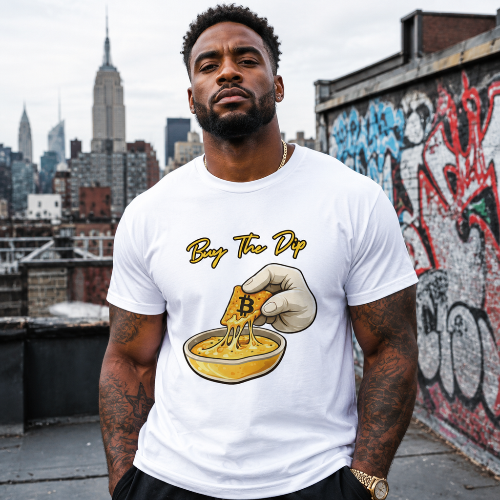 African American male model wearing white Buy The Dip Bitcoin crypto trader tee