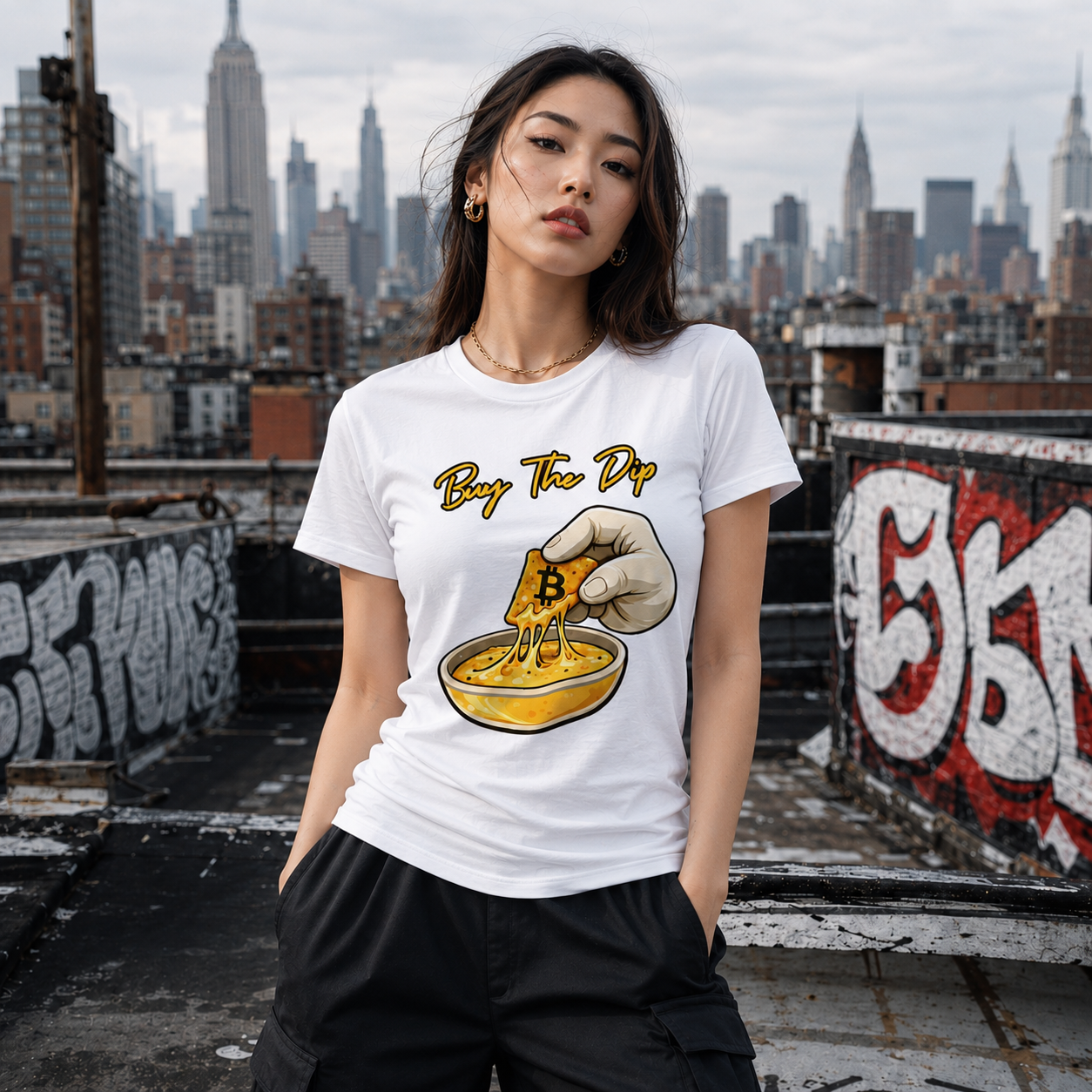 Asian female model wearing white Buy The Dip Bitcoin T-Shirt on NYC rooftop