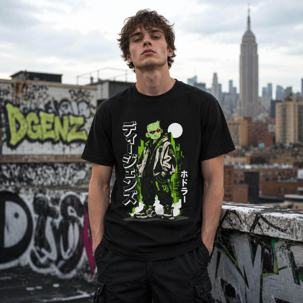 Male model wearing DGENZ Cyberpunk NFT T-Shirt on NYC graffiti rooftop