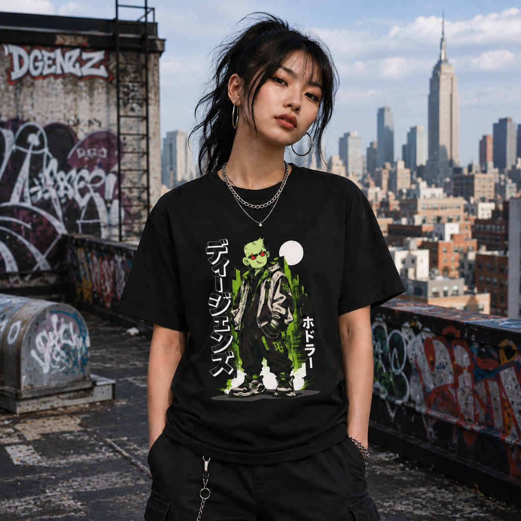 Young Japanese female model wearing black DGENZ Cyberpunk HODLER anime tee