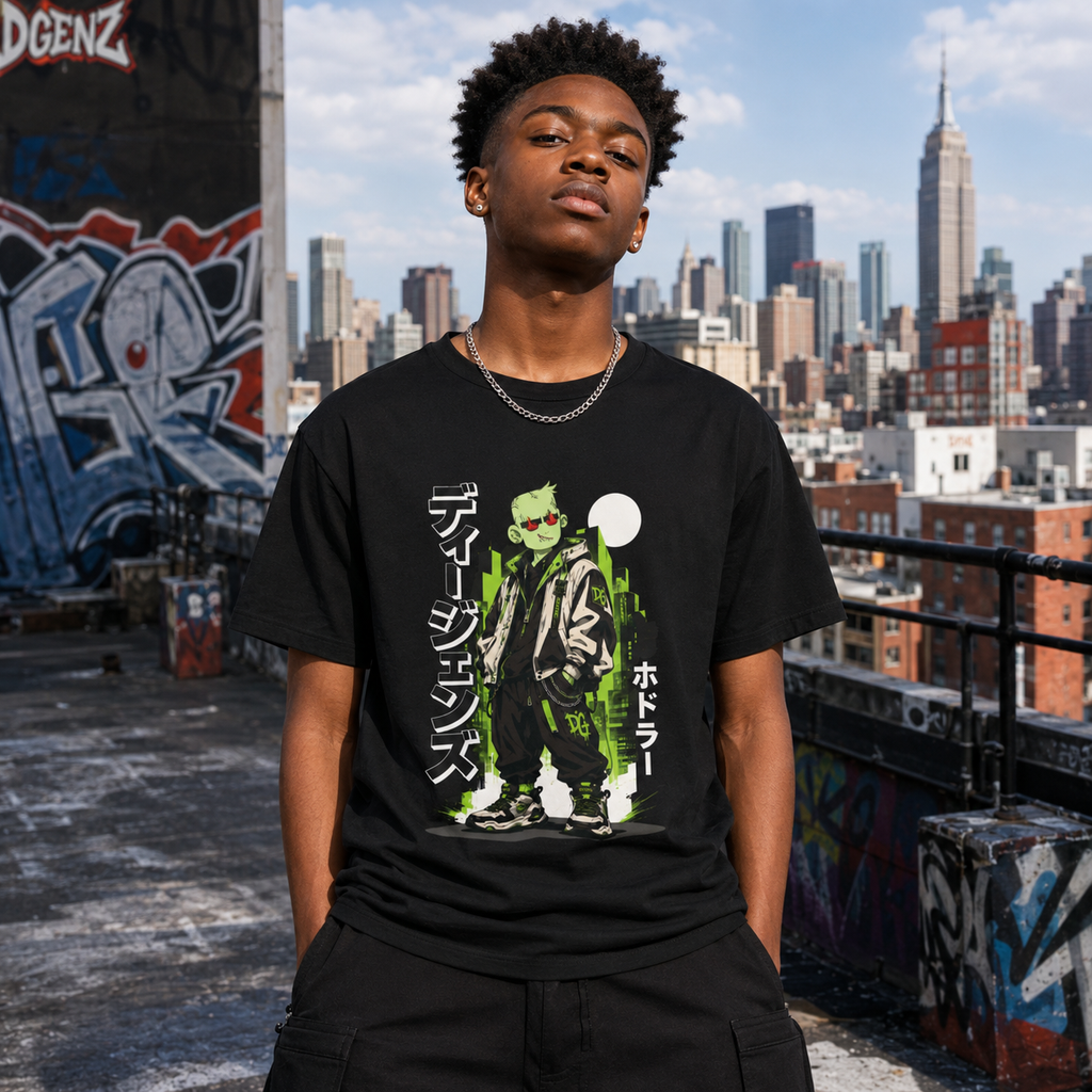 Teenage African American male model wearing DGENZ Cyberpunk NFT T-Shirt on rooftop