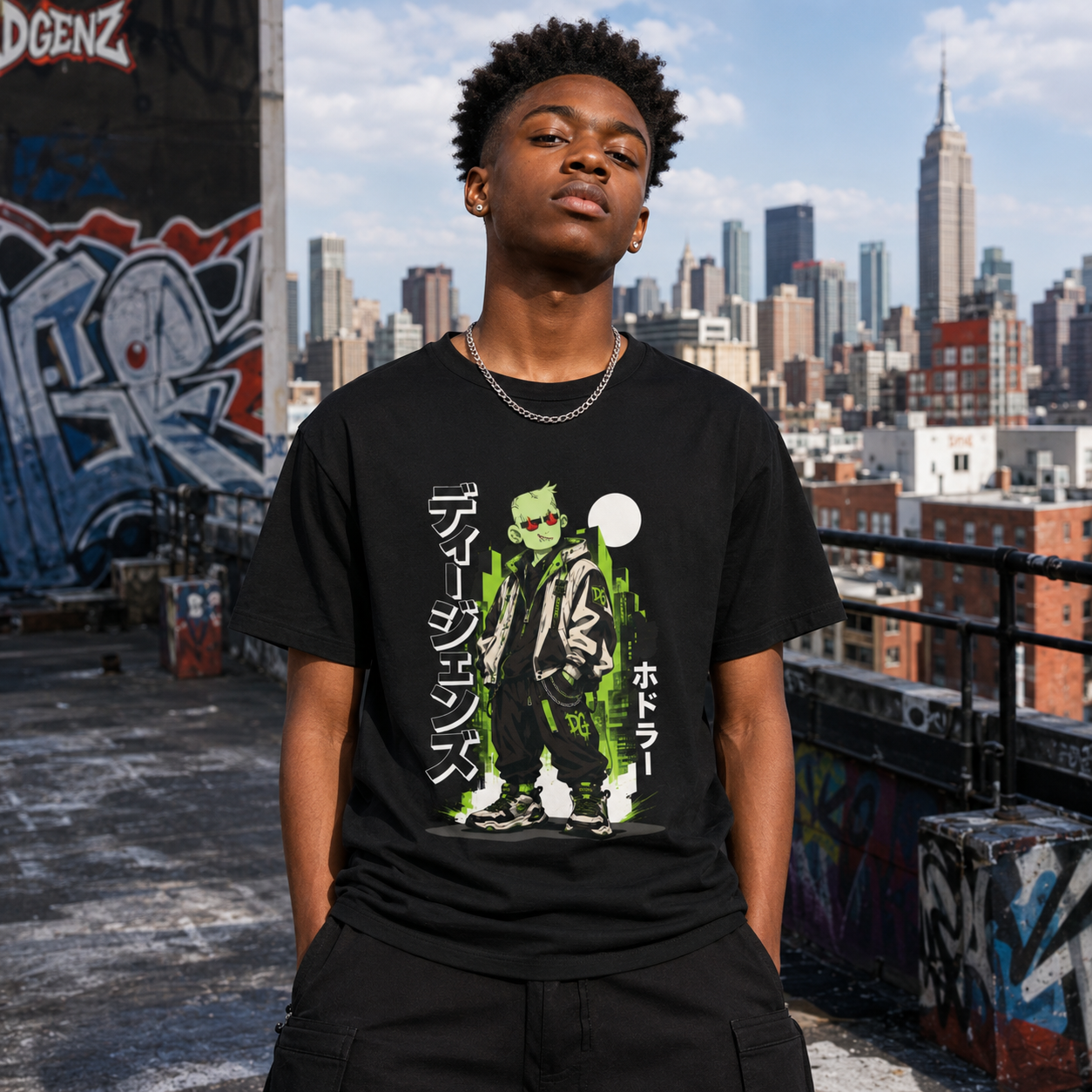 Teenage African American male model wearing DGENZ Cyberpunk NFT T-Shirt on rooftop