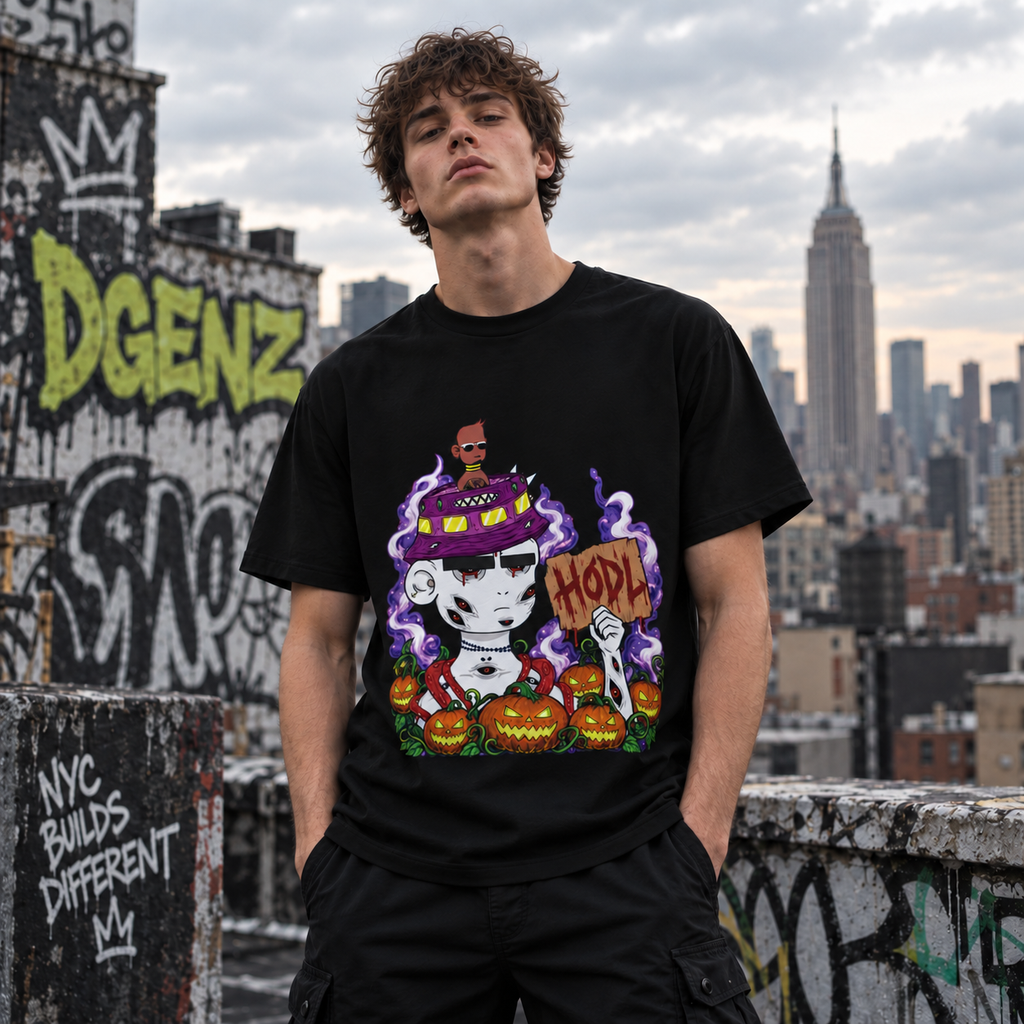 Male model wearing black Radiated Boyz HODL Halloween crypto T-Shirt on graffiti rooftop