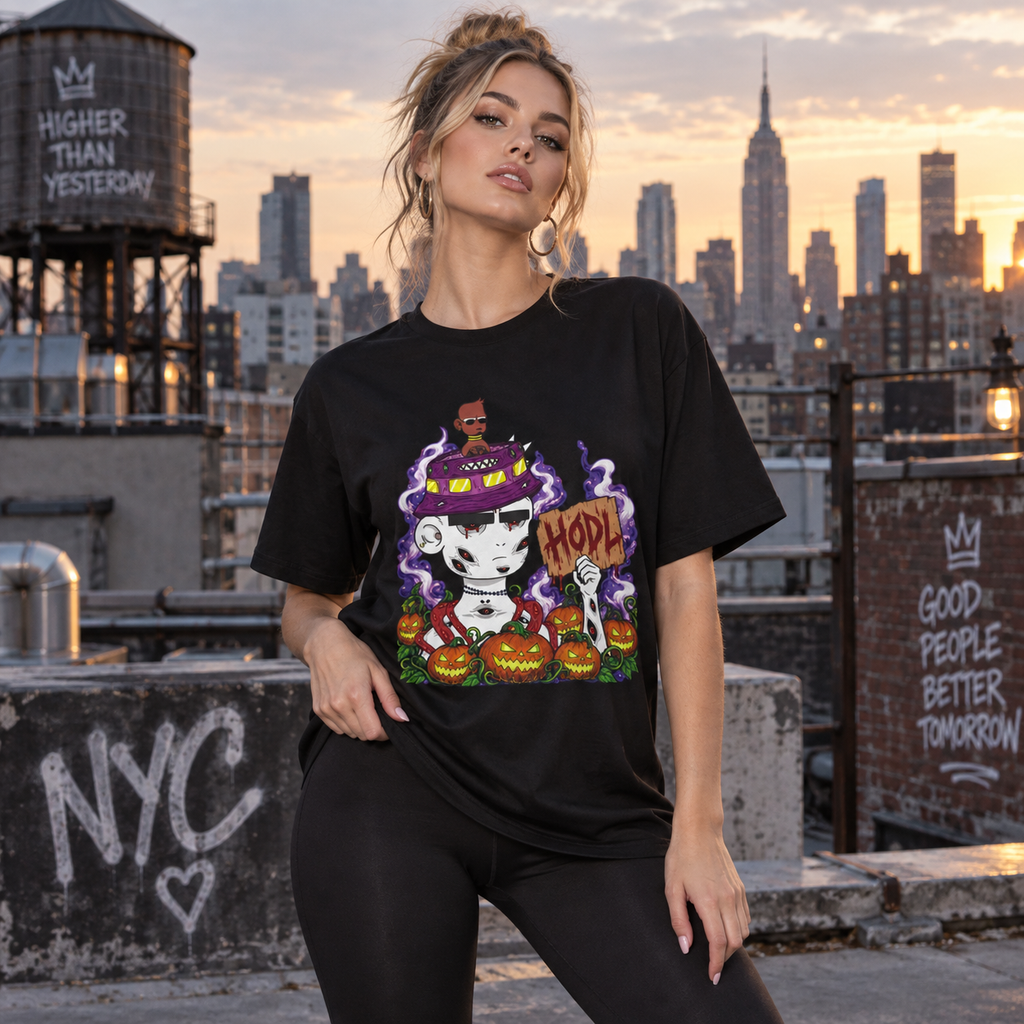 Female model wearing black DGENZ Radiated Boyz Halloween crypto tee on rooftop