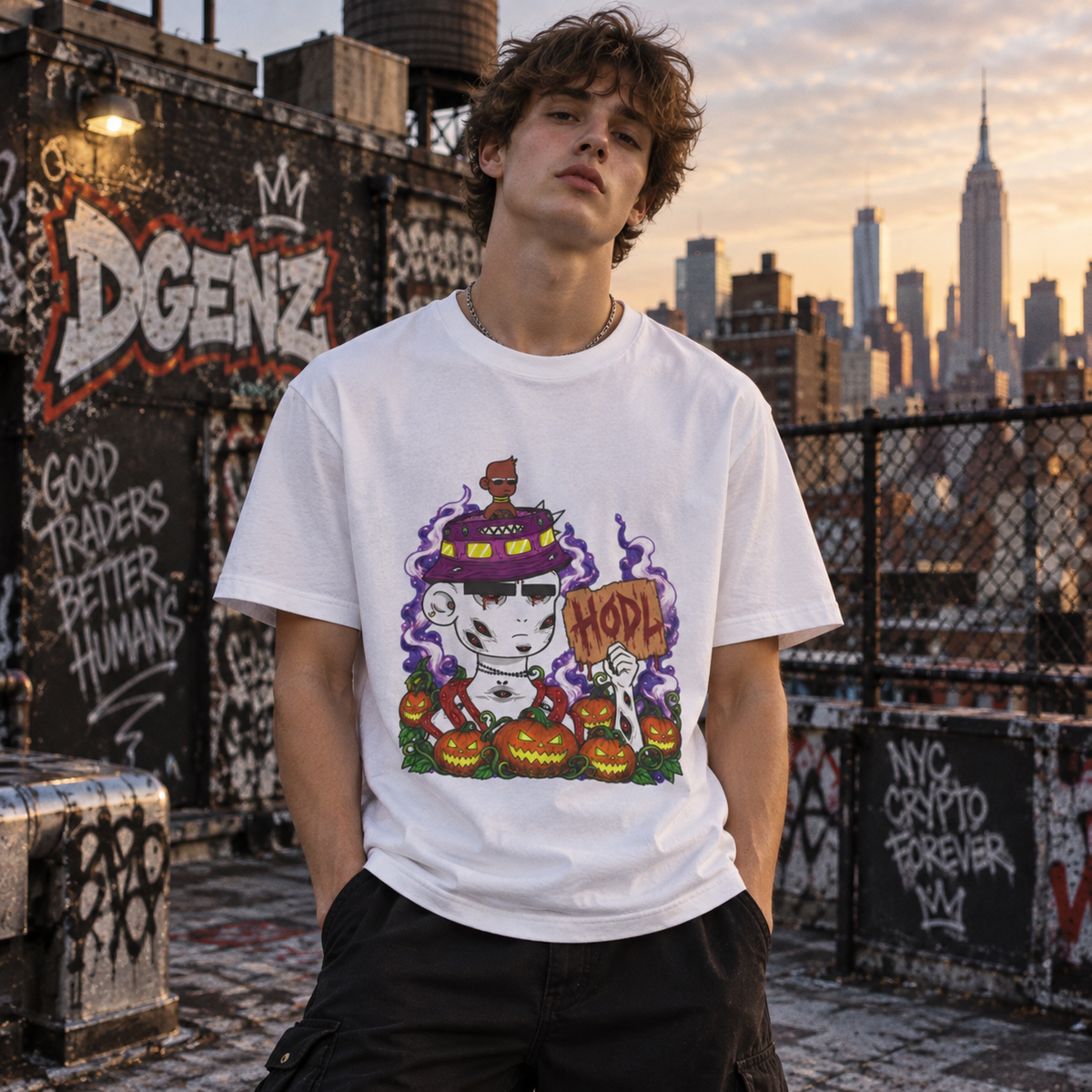 Male model wearing white DGENZ Radiated Boyz Halloween NFT tee on NYC rooftop