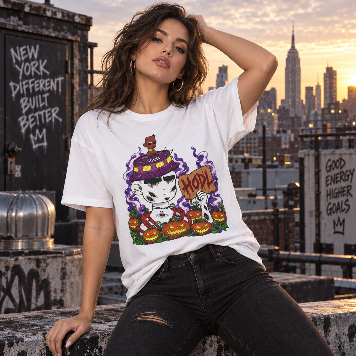 Female model wearing white Radiated Boyz Halloween NFT T-Shirt on NYC rooftop