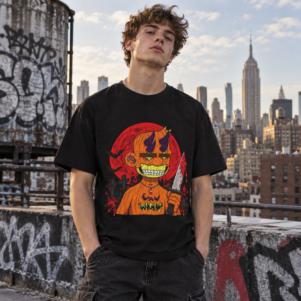Male model wearing black Radiated Boyz Pumpkin Horror NFT T-Shirt on graffiti rooftop