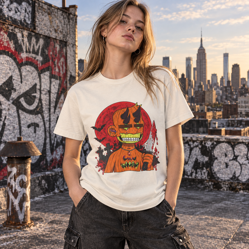 Female model wearing natural Radiated Boyz Halloween crypto T-Shirt on NYC rooftop