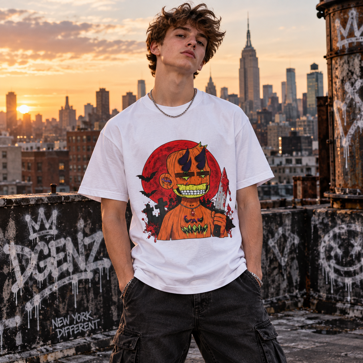 Male model wearing white Radiated Boyz Pumpkin Horror Halloween T-Shirt on NYC rooftop