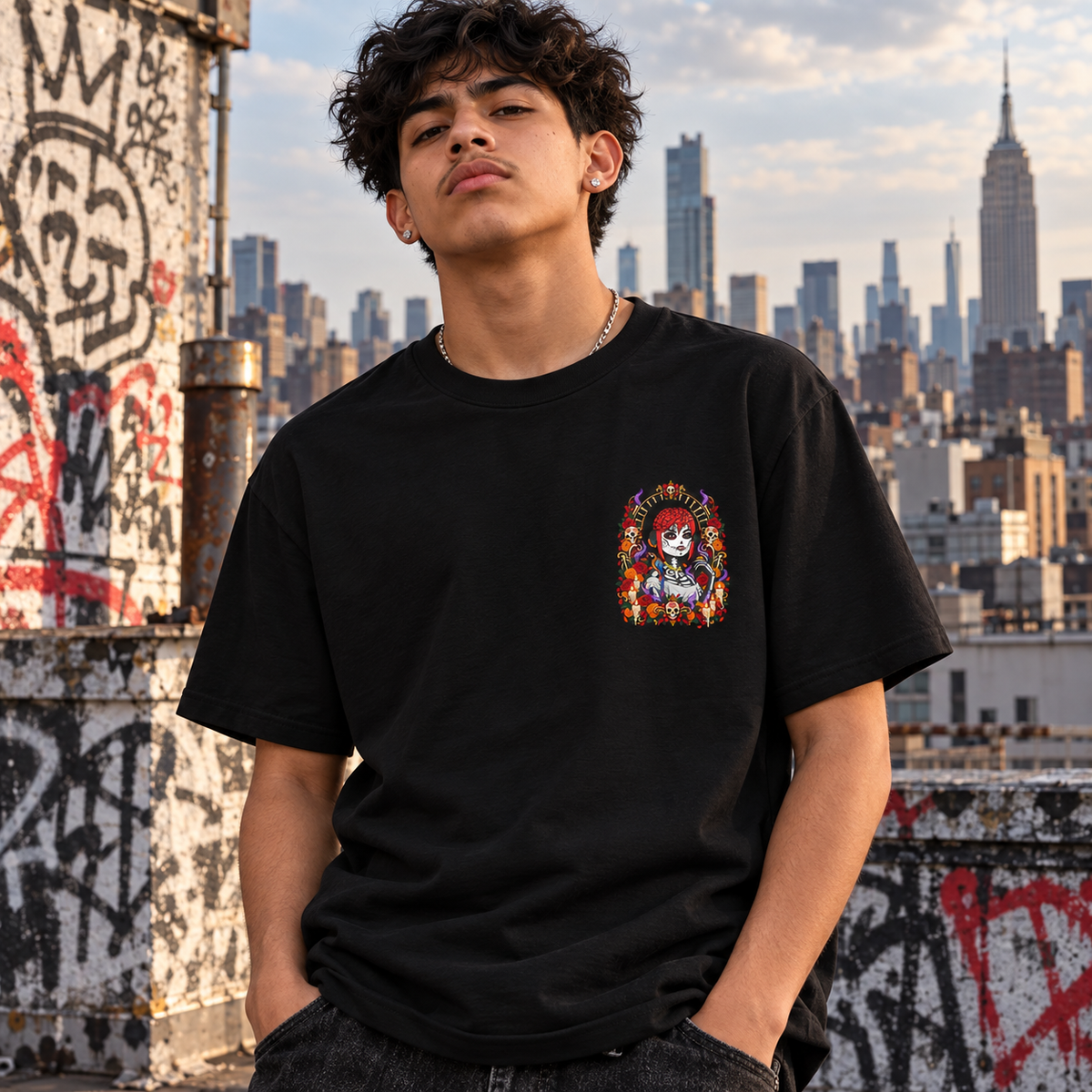 Male model wearing black DGENZ Sugar Skull NFT T-Shirt on New York rooftop