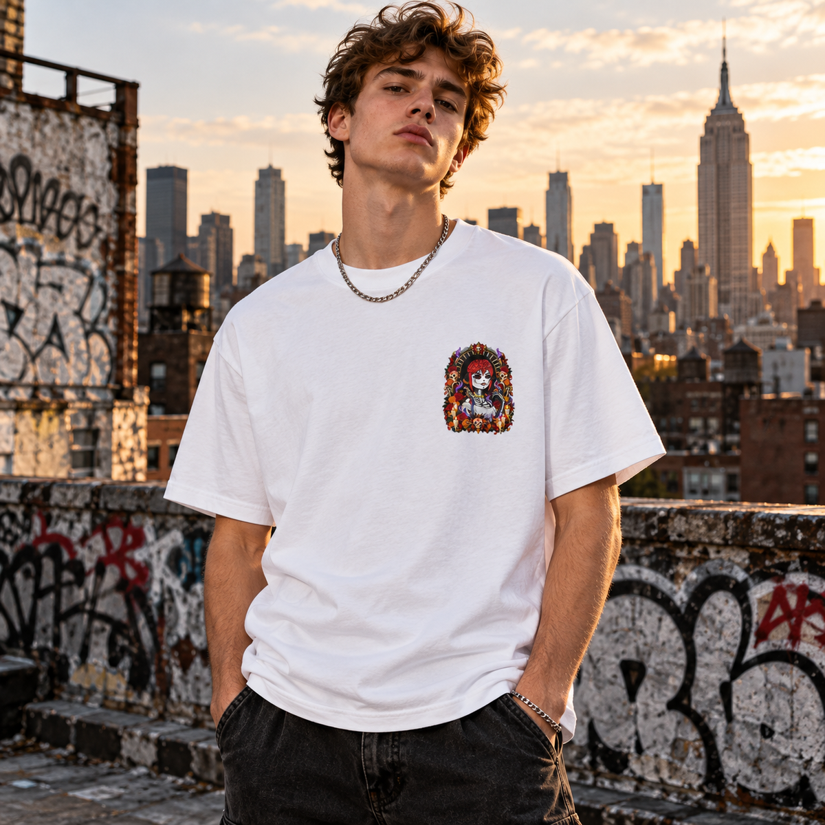 Male model wearing white DGENZ Día de los Muertos NFT T-Shirt on NYC graffiti rooftop