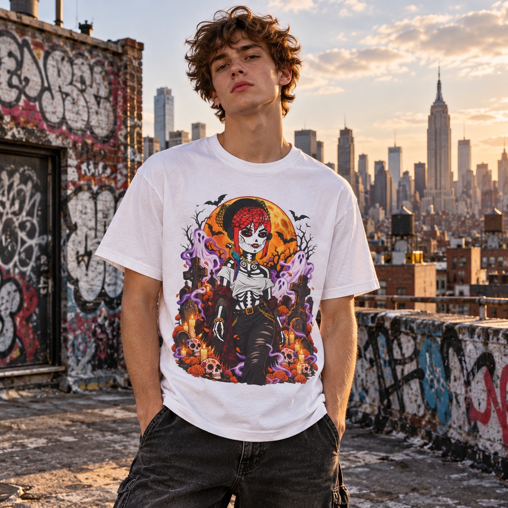 Male model wearing white DGENZ Haunted Sugar Skull Halloween T-Shirt on New York rooftop