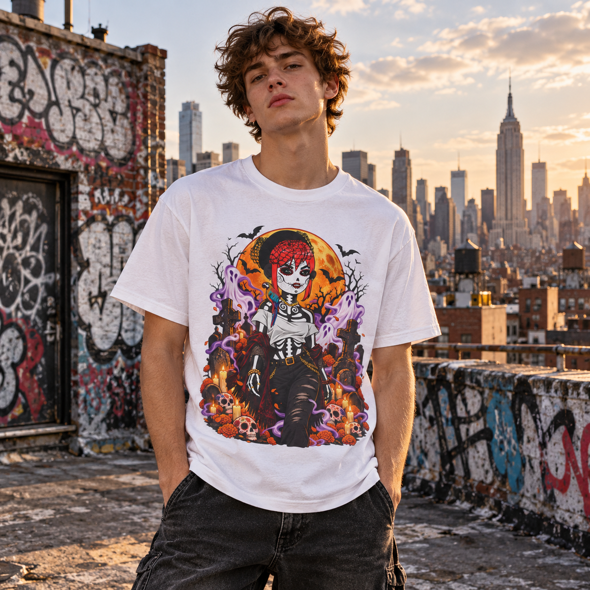 Male model wearing white DGENZ Haunted Sugar Skull Halloween T-Shirt on New York rooftop