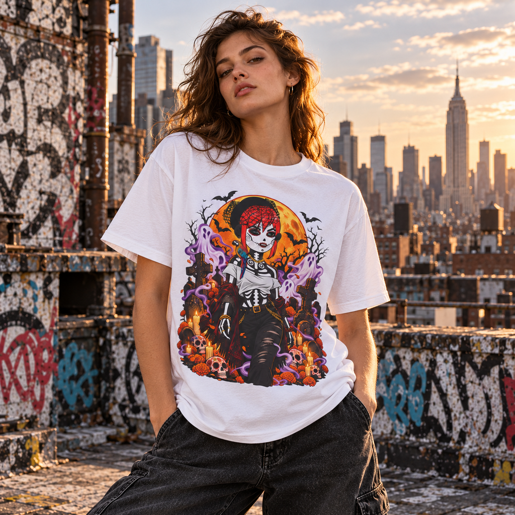 Female model wearing white DGENZ Halloween NFT T-Shirt with haunted graveyard artwork