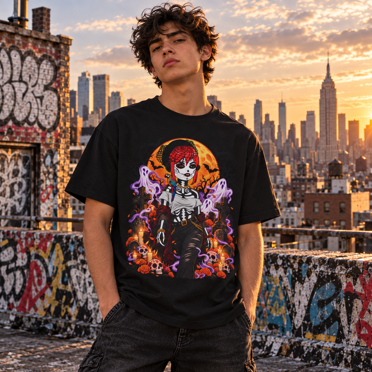 Male model wearing black DGENZ Haunted Sugar Skull NFT T-Shirt on NYC graffiti rooftop