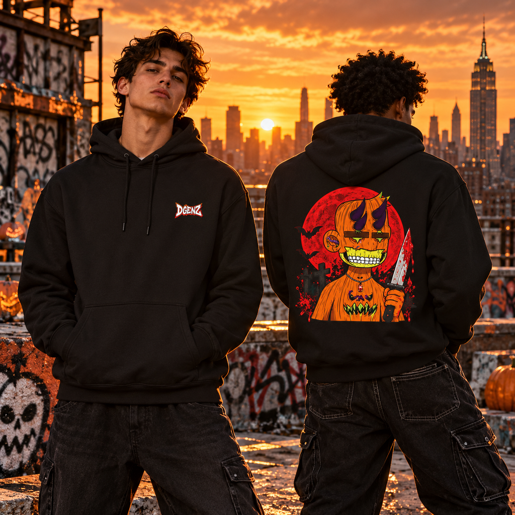 Two male models wearing black DGENZ Pumpkin Horror NFT Hoodies on Halloween NYC rooftop