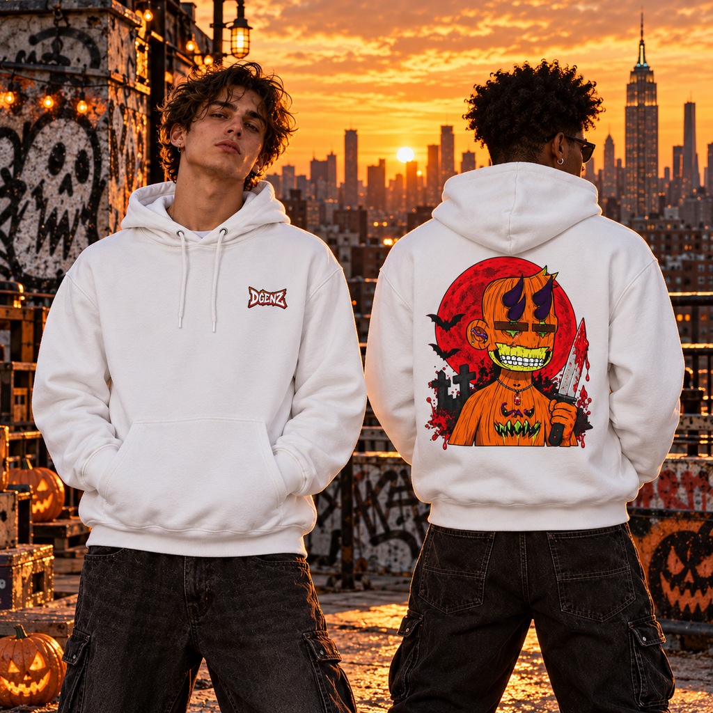 Two male models wearing white DGENZ Pumpkin Horror Halloween Hoodies on NYC rooftop