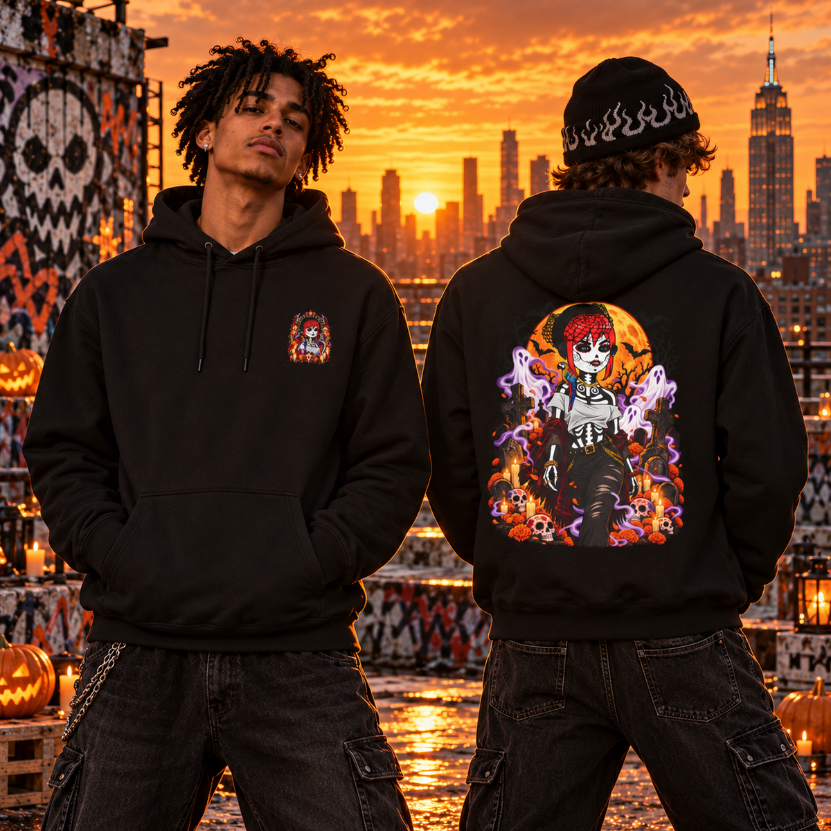 Two male models wearing black DGENZ Calavera Halloween Hoodies on NYC rooftop