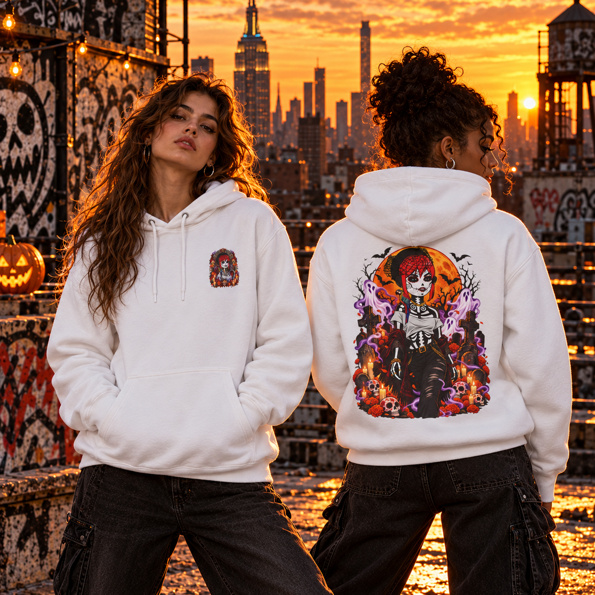 Two female models wearing white DGENZ Calavera Halloween Hoodies on Halloween rooftop
