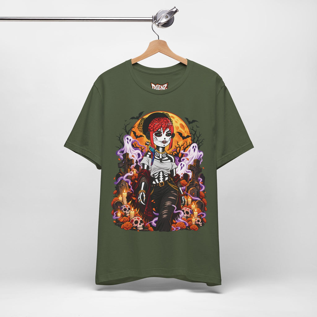 Military green DGENZ Haunted Sugar Skull Halloween T-Shirt product mockup