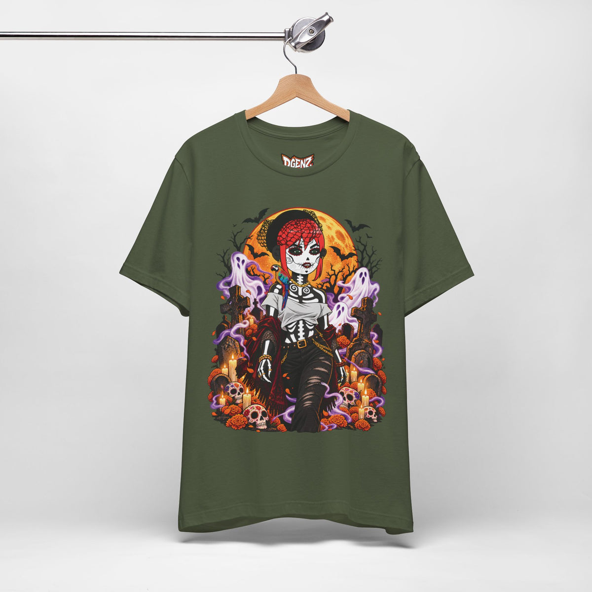Military green DGENZ Haunted Sugar Skull Halloween T-Shirt product mockup