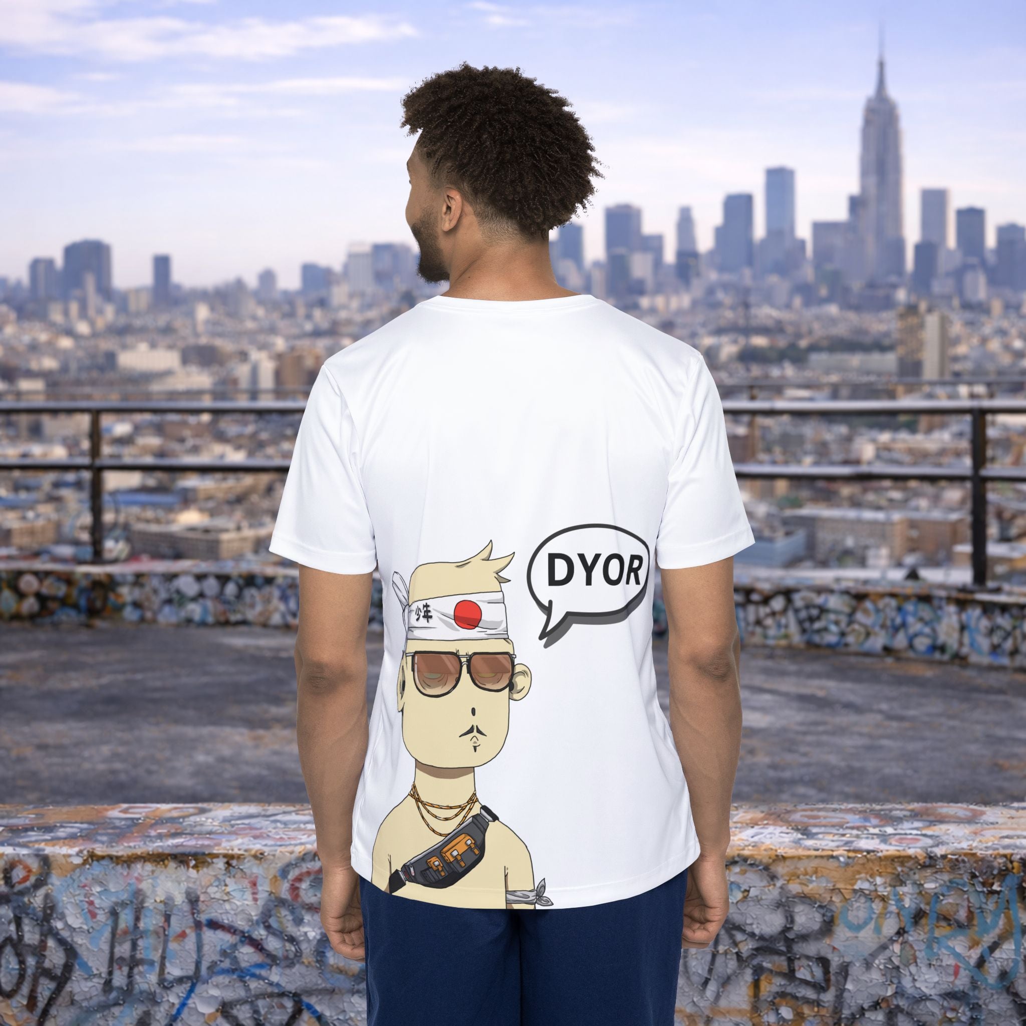 Model wearing custom Dgenz NFT t-shirt showing personalized NFT graphic on the back with city skyline background